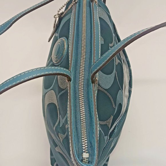 COACH F20429 Signature Stripe Metallic Turquoise Tote Shoulder Bag Purse EUC - Picture 10 of 14